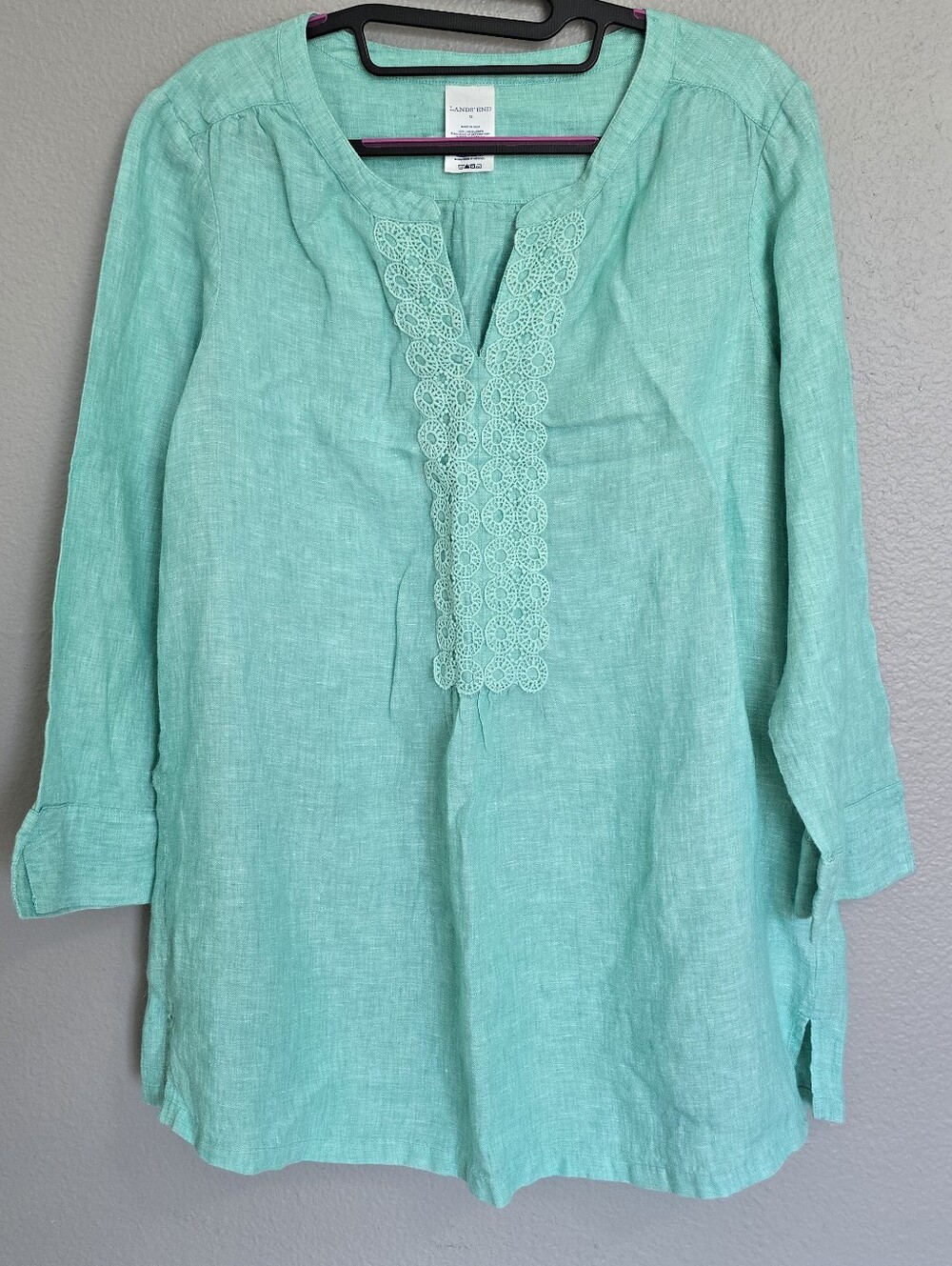 Lands End Linen Crochet-Trim Tunic Top - Seafoam Teal Green/ size 12